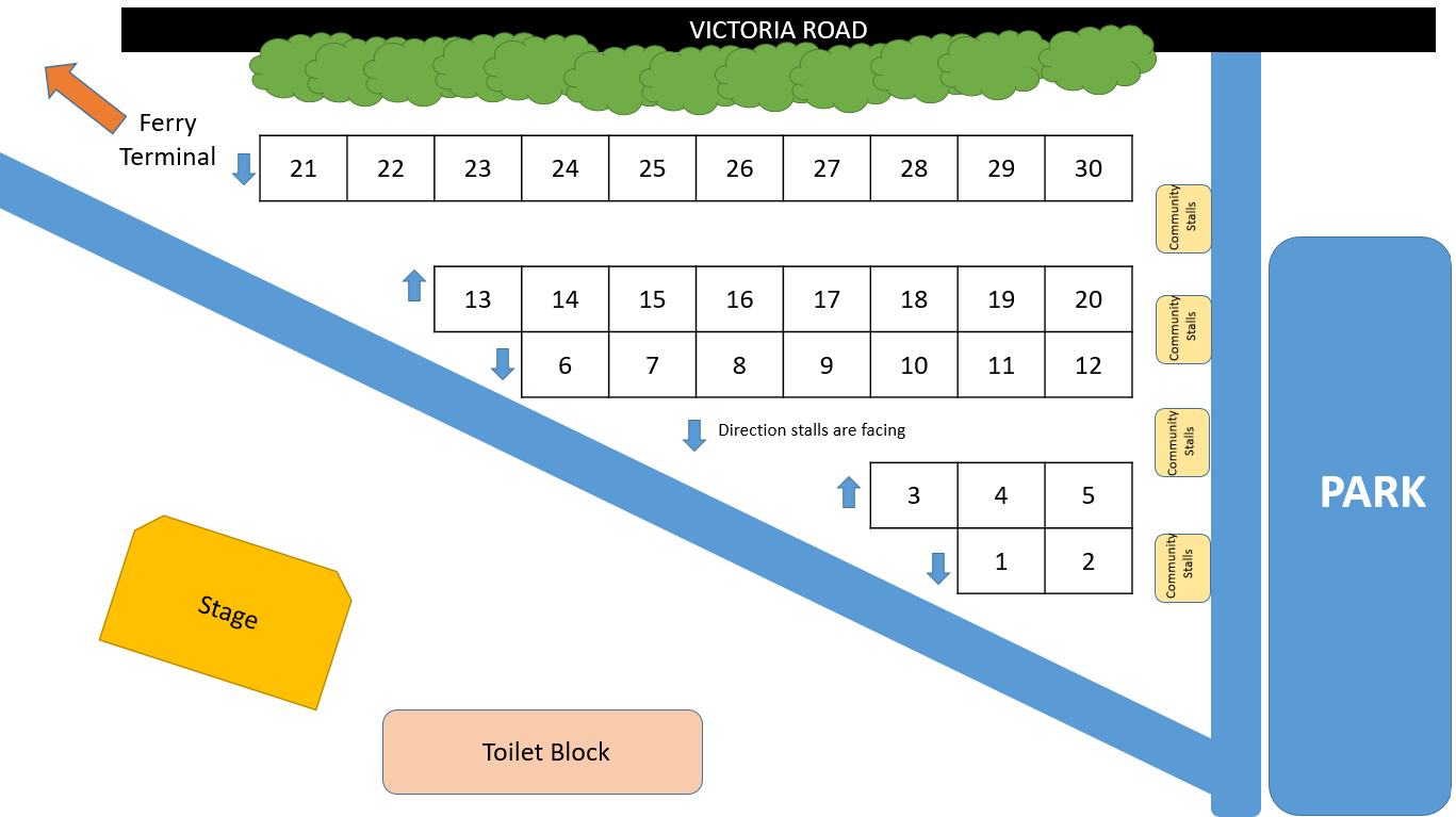 Diagram showing the layout of stalls for the Gold Team on Victoria Road with stage, toilet block, and parking areas indicated.
